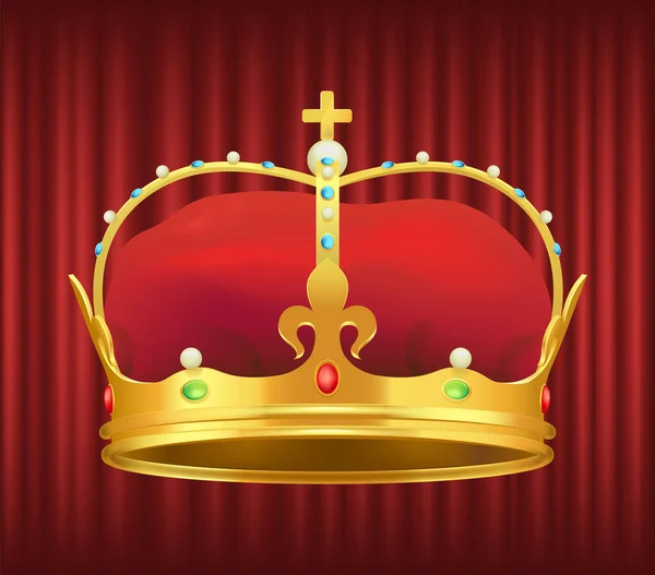 Βασιλικό χρυσό στέμμα με πολύτιμους λίθους και κόκκινο βελούδο — Διανυσματικό Αρχείο