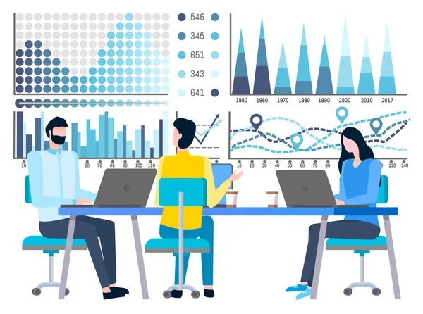 Los empleados que trabajan en el ordenador portátil, Vector de informe gráfico — Archivo Imágenes Vectoriales