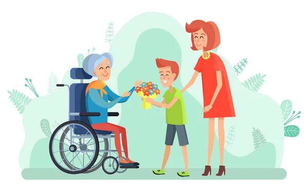 Αναπηρία γυναίκα σε αναπηρική καρέκλα, αγόρι με λουλούδια — Διανυσματικό Αρχείο