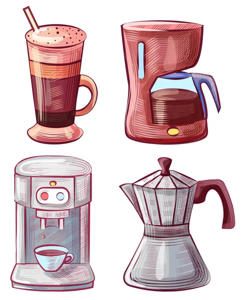 Moka hrnce a kávovar Latte Glass — Stockový vektor