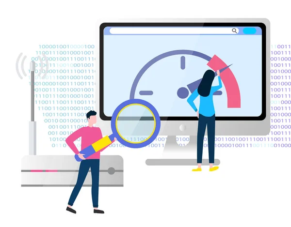 Moniteur et routeur, personnes avec un vecteur de périphérique — Image vectorielle