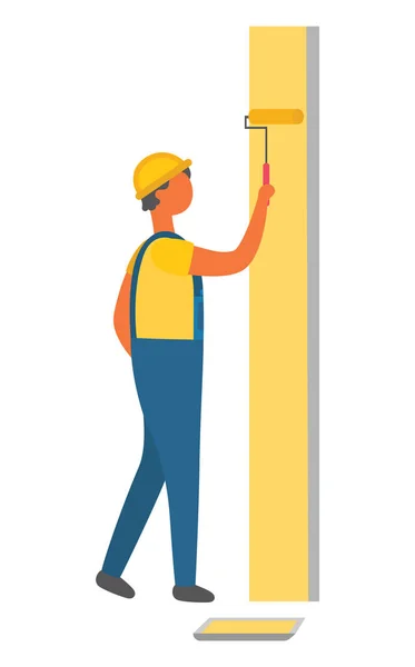 Hombre trabajando en la reparación de la pared, rodillo de pintura — Vector de stock