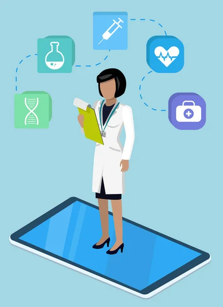 Medizin-App mit Doktor Weiblich im Telefonvektor — Stockvektor