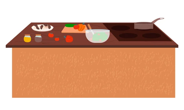 ストーブキッチンと野菜ベクトル付きテーブル — ストックベクタ