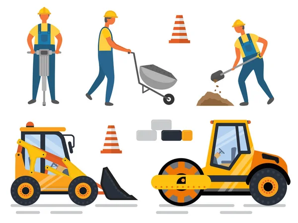 Trabajador con carro de perforación, construcción de la excavadora — Vector de stock