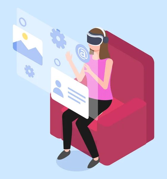 Mulher isométrica tocando a interface de realidade virtual —  Vetores de Stock