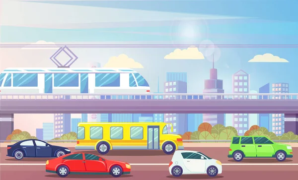 Paisaje urbano con transporte Coches y tren Ciudad urbana — Vector de stock