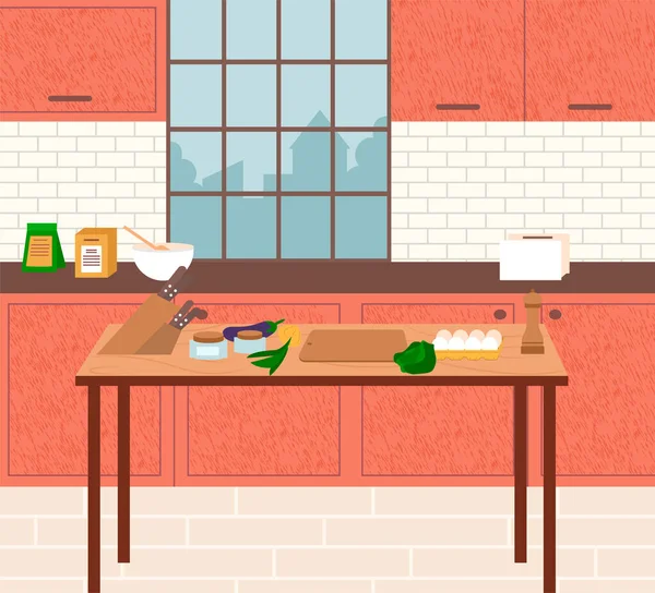 Interior de la cocina con mesa e ingredientes en la parte superior — Vector de stock