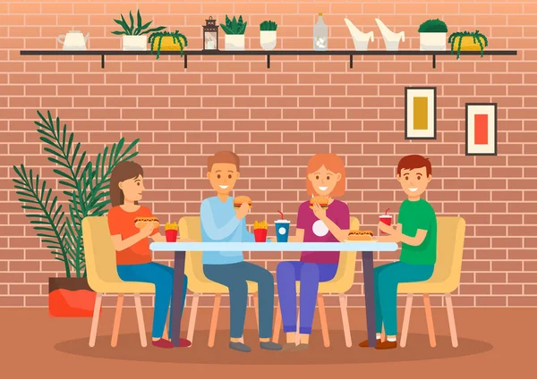 Les amis mangent de la nourriture au café, passent du temps ensemble — Image vectorielle