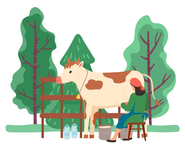 Milkmaid Fazenda de Trabalho com Vaca, Agricultor com Leite —  Vetores de Stock