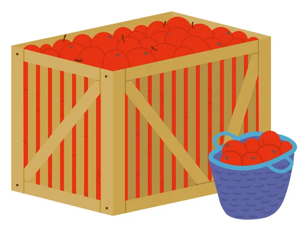 篮子和盒子中成熟的新鲜苹果 — 图库矢量图片