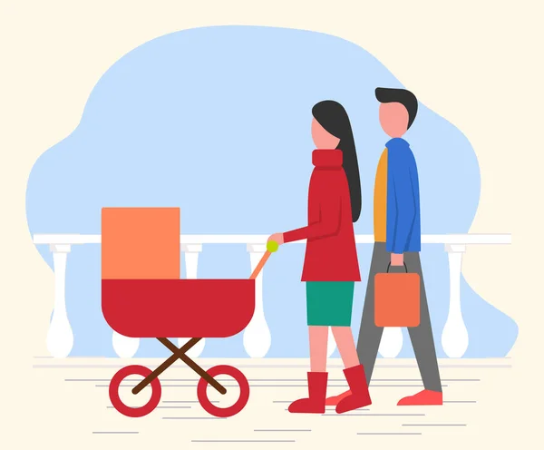 Mutter, Vater mit Kind im Kinderwagen, Familie — Stockvektor