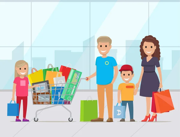 Família feliz com duas crianças vetor de compras —  Vetores de Stock