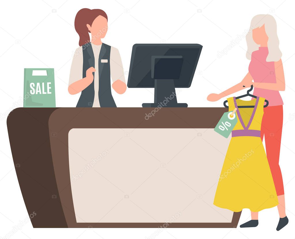 Woman Paying for Clothes in Store, Shopping Vector