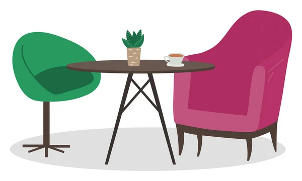 Tomma Cafébord med serverat kaffe och fåtöljer — Stock vektor