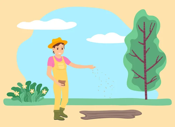 Semis de semences de fermiers dans le sol Femme agricole sur le terrain — Image vectorielle