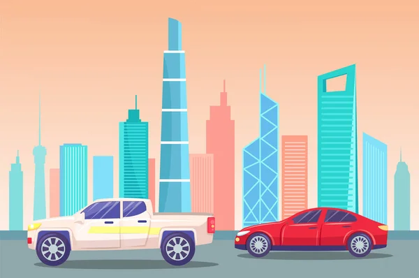 Skyline con monumentos y rascacielos con coches — Vector de stock