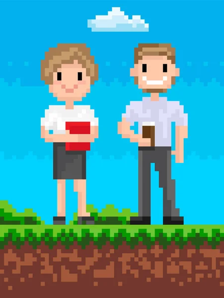 Pixel mensen Man en vrouw Hipster karakter vector — Stockvector