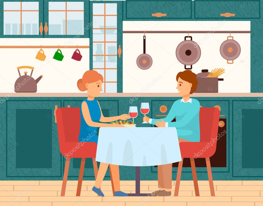 Man and Woman Romantic Dinner at Home Vector