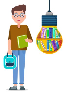 Çocuk içinde kitaplar olan ampulün yanında dur.