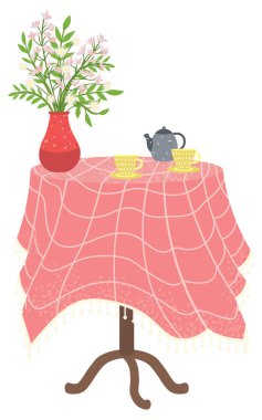 Mutfakta içi doldurulmuş çay fincanları ve çay fincanları olan masa.