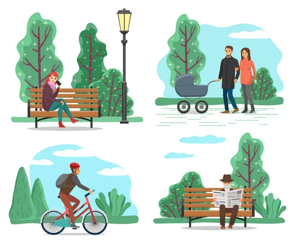 Parque y Naturaleza, Gente caminando o montando en bicicleta — Vector de stock