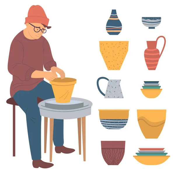 Hipster Man Making Pots From Clay Pottery Hobby — Stockový vektor