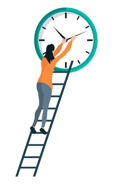 Mujer con escalera que repara el reloj persona aislada — Vector de stock