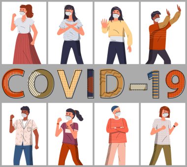 Covid19 'u protesto eden karışık ırk karakterleri, dünya koronavirüs salgınını durdurma hareketi gösterin.