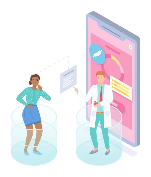 Ізометричний мобільний додаток, у пацієнта жінки болить живіт, онлайн-консультація дієтолога — стоковий вектор
