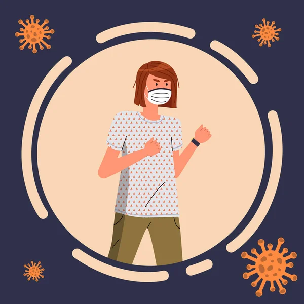 Płaski styl ilustracja z kobieta noszenie maski medycznej walki z latającym patogenem wirusa — Wektor stockowy