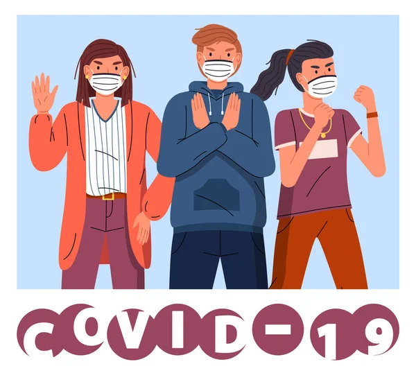 Banner in flat style with guy and girls in face medical masks, concept of spreading covid-19 Vector Graphics