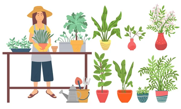 Mujer agricultora con plantas, Jardinería Plantación — Archivo Imágenes Vectoriales