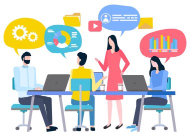 Çalışanların Laptop ve Strateji Vektörü ile Ekip Çalışmaları