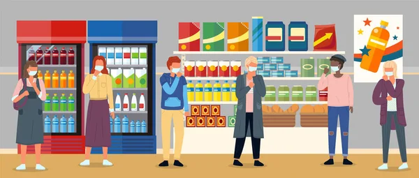 Personas poco saludables en la cara máscaras médicas tos y de pie a distancia en el supermercado — Vector de stock