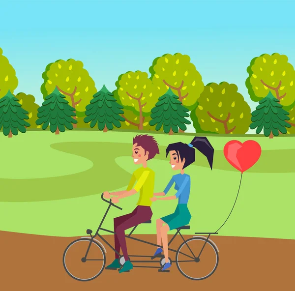 在森林背景下骑双轮自行车的年轻夫妇，矢量卡通人物 — 图库矢量图片