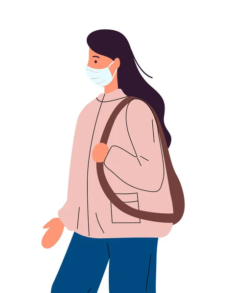 戴口罩的年轻女子，背包，防病毒性潘德米亚，戴防护口罩的人 — 图库矢量图片