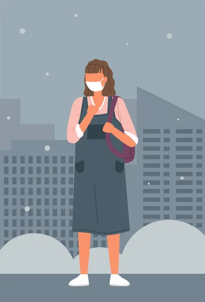 Ilustración de una mujer que usa mascarilla médica de pie en el fondo de la ciudad, pandemia viral — Vector de stock