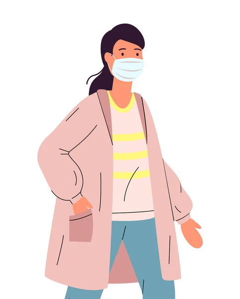 Illustrazione vettoriale di giovane donna in maschera medica viso, protezione, sicurezza dalla pandemia virale — Vettoriale Stock