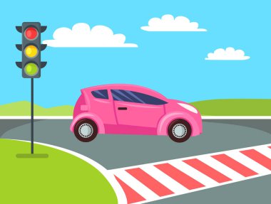 Pembe Mini araba yaya geçidine gidiyor.