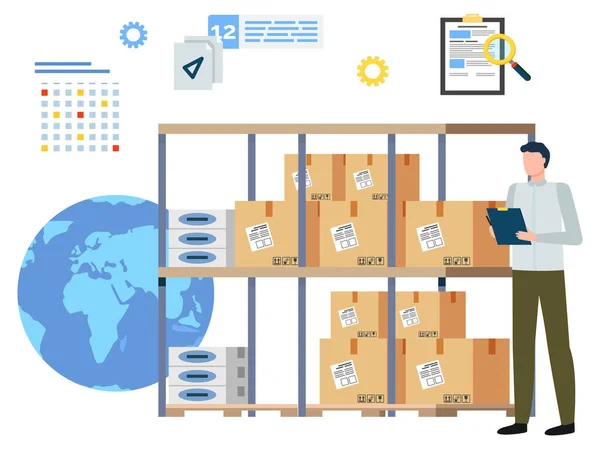 Hombre Trabajando en Logística Service Company Delivery — Vector de stock