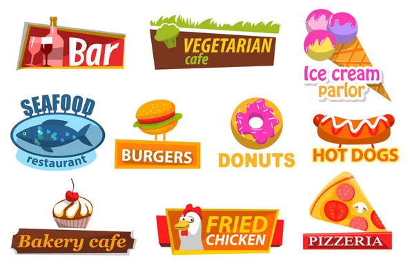 Fastfood-Etikett, Süßigkeiten und Fleisch-Symbol, Mahlzeitenvektor — Stockvektor