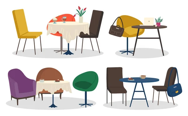 Restoran veya Kafe Mobilya Masaları ve Sandalyeleri Ayarlandı — Stok Vektör