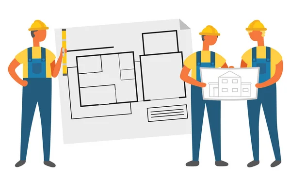 Proyecto de construcción, constructor con vector de plan de casa — Vector de stock