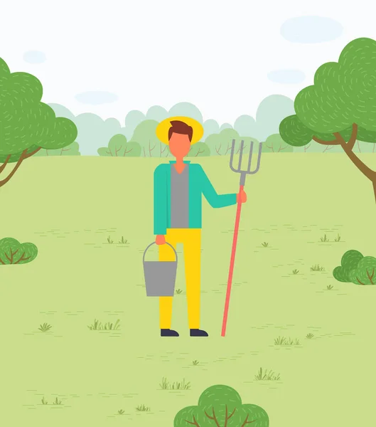 Homme avec outils de jardinage, fourchettes et arrosoir — Image vectorielle