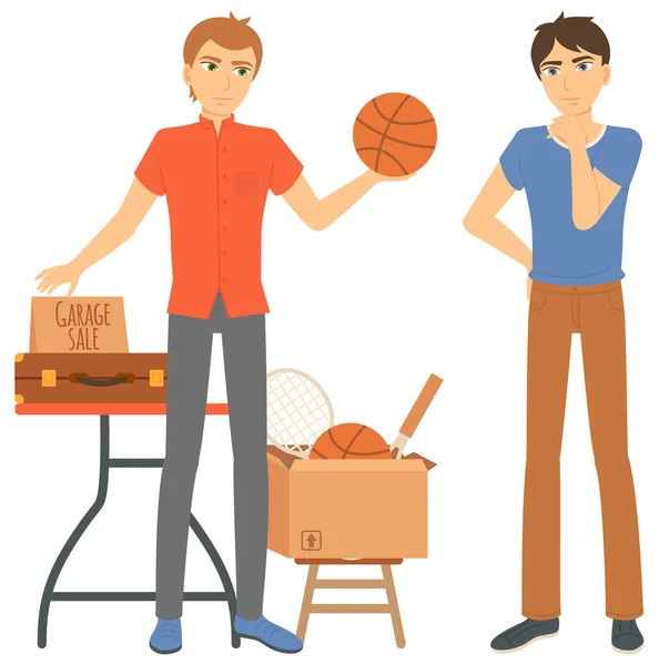 Man Selling Basketball Ball, Garage Sale Vector — Stock Vector