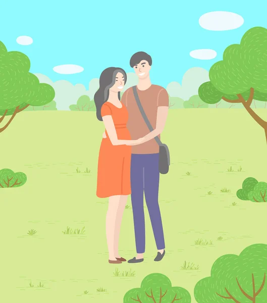 Ημερομηνία για τη φύση, ο άνθρωπος και η γυναίκα αγκαλιάζει στο πάρκο — Διανυσματικό Αρχείο