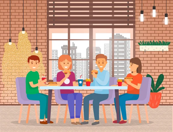 Los amigos comen comida rápida y pasan tiempo juntos — Vector de stock