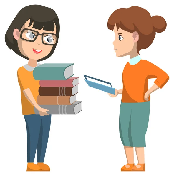 Κορίτσι στη Λέσχη Βιβλίου με Δάσκαλος και Holding Books — Διανυσματικό Αρχείο