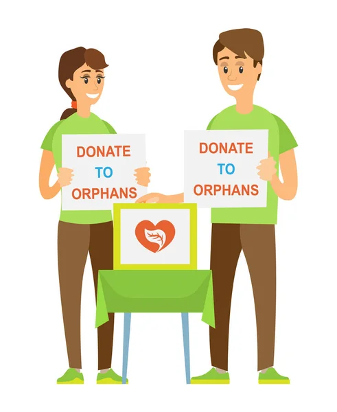 ボランティアカップル,孤児への寄付,ヘルプベクトル — ストックベクタ